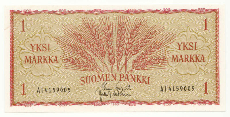 【未使用】フィンランド　1マルカ紙幣　1963年版 ピン札　A08