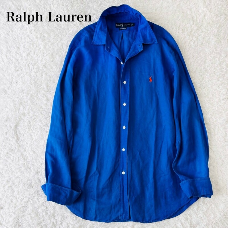 RALPH LAUREN ラルフローレン シャツ 羽織り ボタンダウン ポニー刺繍 ビッグシルエット オーバー リネン 麻 シルク LL 2XL 3L 青 ブルー