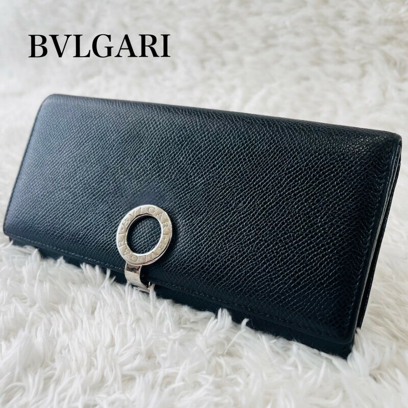 BVLGARI ブルガリ ラージウォレット 長財布 折財布 二つ折り サイフ コインケース ロゴクリップ サークルロゴ シルバー金具 レザー 本革 黒