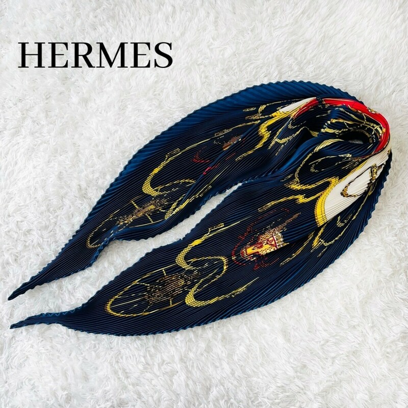 HERMES エルメススカーフ バンダナ ストール SPRINGS スプリングス カレ90 プリーツ ピンク シルク100 絹100フランス製 France 仏 紺