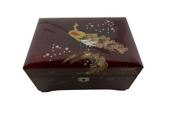 24H06-124N： 昭和レトロ 輪島塗 アクセサリーBOX オルゴール 宝石箱 孔雀 小物入れ
