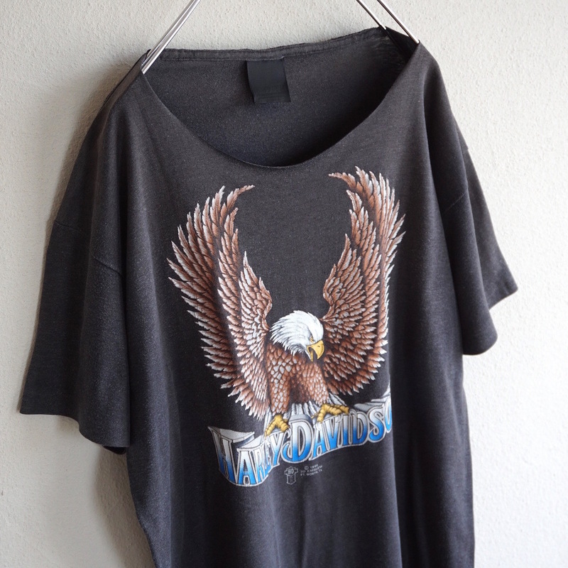 1980s ヴィンテージ HARLEY-DAVIDSON 3D EMBLEM イーグル&モノトーン 両面プリント Tシャツ L程度 ブラック ハーレーダビッドソン USA 古着