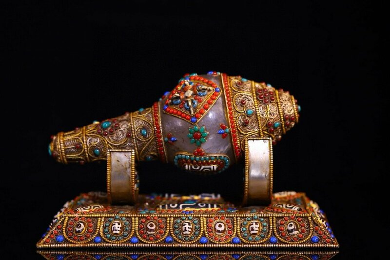 【清】某有名収集家買取品 西蔵・チベット伝来・時代物 水晶 象嵌寶石法螺 法具 極細工 密教古美術