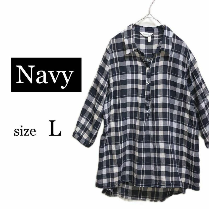 navy 7分袖 シャツ ブラウス チェック トップス2404/086