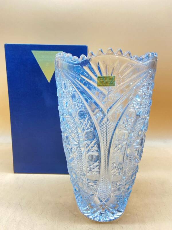 F71［未使用保管品］FLOWER VASE KAMEI GLASS 花瓶　口径17 高さ28cm クリスタル