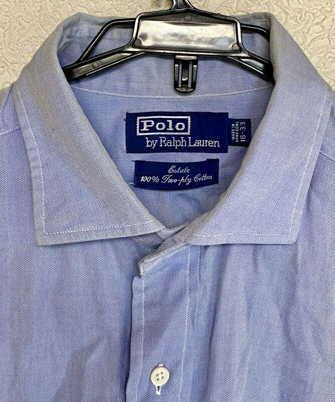 90s Ralph Lauren ラルフローレン ホリゾンタルワイドカラー 長袖シャツ ワイシャツ ブルー メンズ ビンテージ 水色 古着