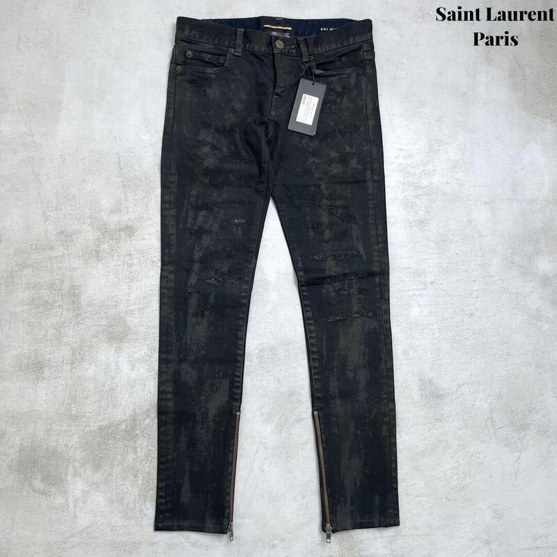 【新品】Saint Laurent Paris サンローラン クラッシュ ジップ パンツ 26 ブラック タグ付