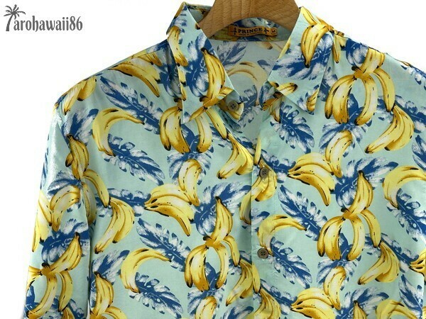 arohawaii86◆AH-0133 L【Bananas/ミントグリーン系】半袖シャツ/夏/ヴィンテージ/アロハシャツ/柄シャツ☆1スタ☆１円スタート☆