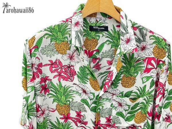 arohawaii86◆AH-0164 XL【Pineapple Flower/ホワイト系】半袖シャツ/夏/ヴィンテージ/アロハシャツ/柄シャツ☆1スタ☆１円スタート☆