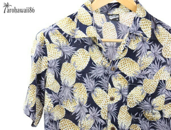 arohawaii86◆AH-0157 M【pineapple/ネイビー系】半袖シャツ/夏/ヴィンテージ/アロハシャツ/柄シャツ☆1スタ☆１円スタート☆