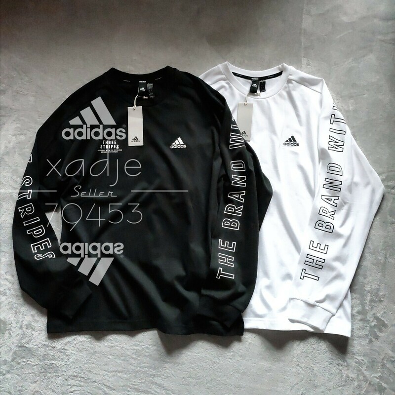 新品 正規品 adidas アディダス 2枚セット 長袖 ロンT プリント THREE STRIPES 黒 ブラック 白 ホワイト ロゴ プリント XL