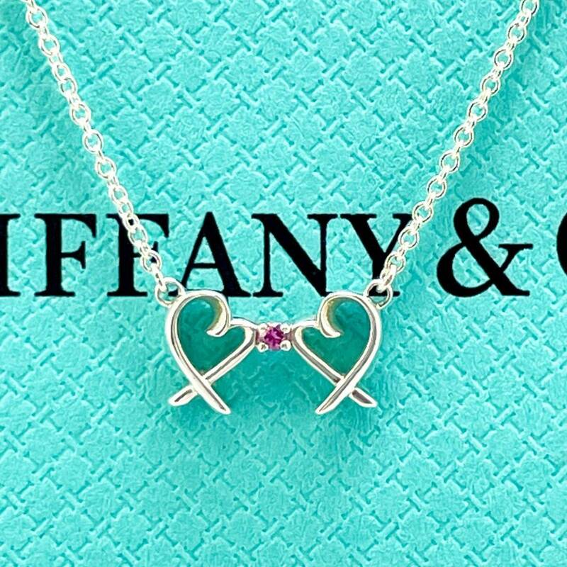 ティファニー ダブル ラビングハート 1P ピンクサファイア ネックレス シルバー Tiffany&Co./24-1023