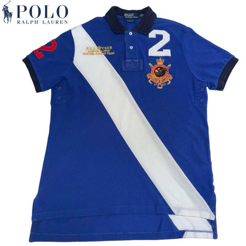 美品 [90s] POLO Ralph Lauren ポロシャツ 刺繍ロゴ 斜めライン リンガー メンズ 半袖 L ブルー 即日発送 club