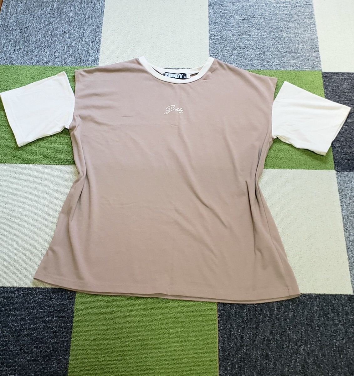 ZIDDY 肩出し 半袖Tシャツ 丸首シャツ 無地 ツートンカラー カットソー ブラウン系 L