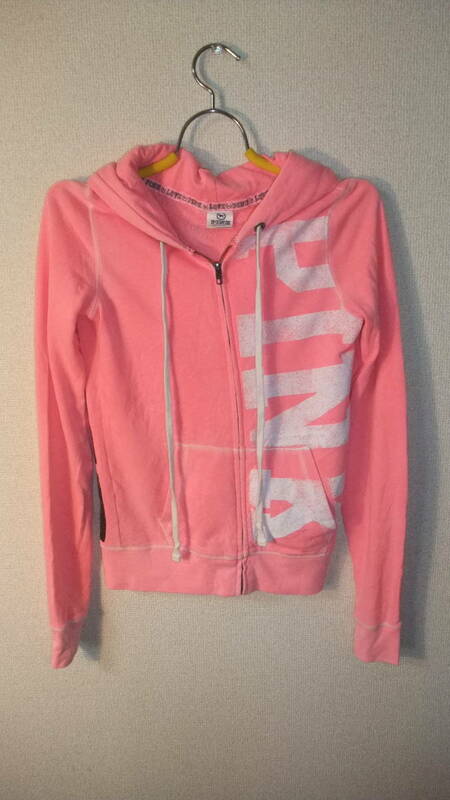 ★VICTORIAS SECRET★PINK HOODIE with ZipperビクトリアシークレットピンクジップアップパーカーフーディーサイズXSアメリカUSED IN JAPAN