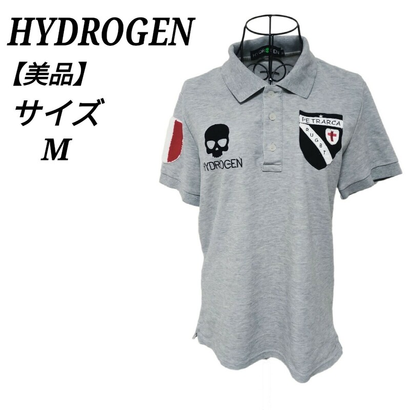 ハイドロゲン HYDROGEN 美品 ポロシャツ 半袖 トップス 刺繍ロゴ ワッペン ドクロ グレー Mサイズ ゴルフ ゴルフウェア レディース