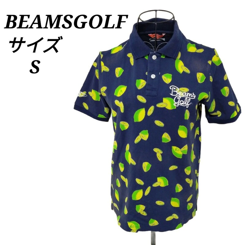 ビームスゴルフ BEAMSGOLF ポロシャツ トップス 半袖 ネイビー 紺色 レモン柄 総柄 刺繍ロゴ S ゴルフウェア メンズ