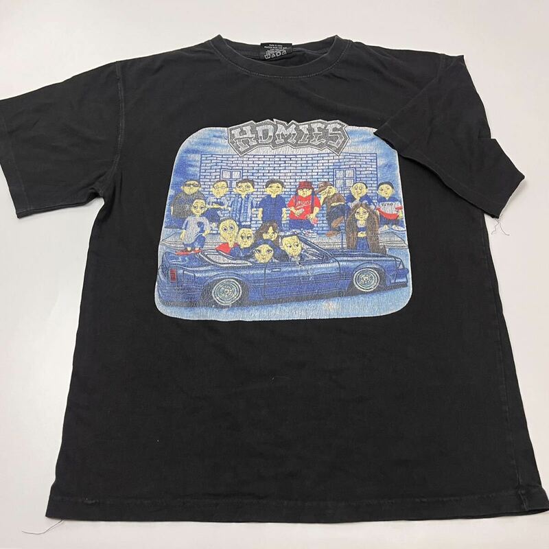 HOMIES Tシャツ カジュアル ヒップホップ 黒 イラスト プリントTシャツ コットン ラフスタイル　半袖Tシャツ 