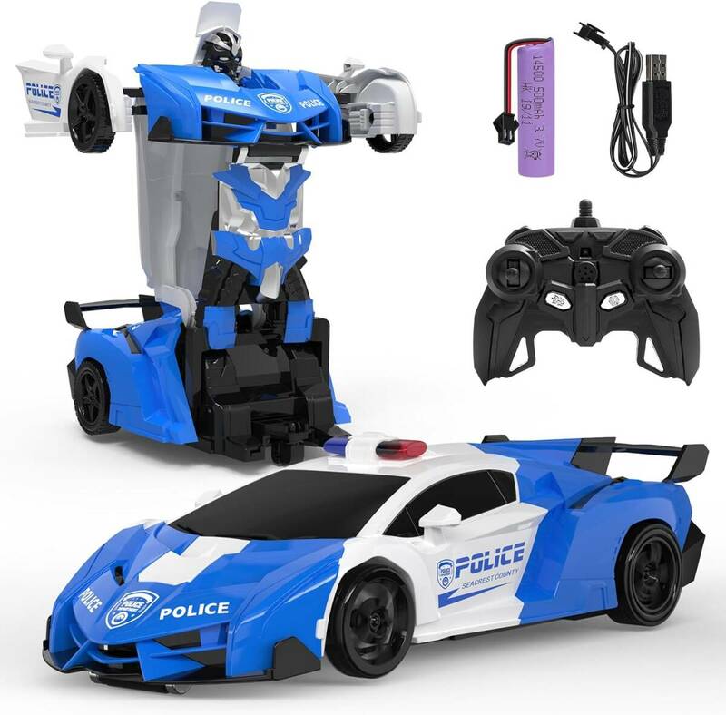 ブルー DEERC ラジコンカー こども向け スタントカー パトカー 警察車 ロボットに変換 変形可能 リモコンカー デモモード 
