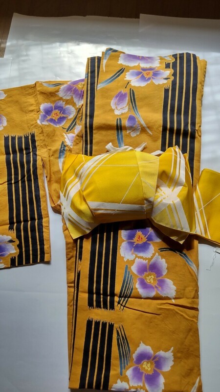 浴衣・帯セット　リボンタイプ作り帯　結び帯　黄色カラシ色　花柄　大人 初心者