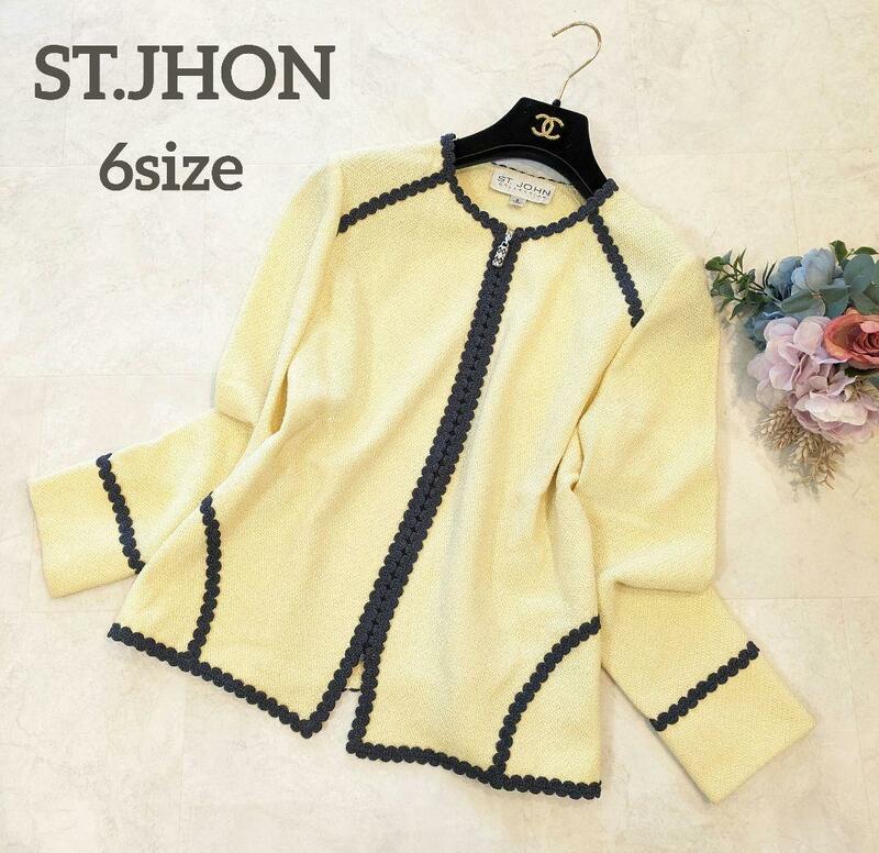極美品　ST.john　セントジョン　イエロー　黄色　ノーカラーニットジャケット　6サイズ　春夏の羽織りに　大きいサイズ　L