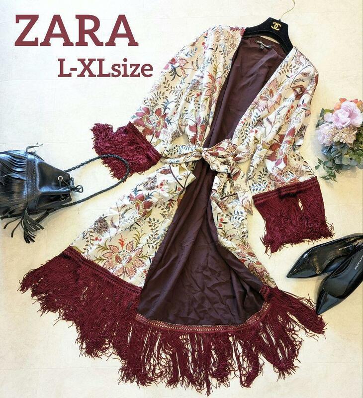 極美品　ZARA ザラ　花柄　総柄　ボヘミアン　カジュアルコーデ　フリンジ付き　ガウン　羽織り　ボルドー　L-XL　大きいサイズ