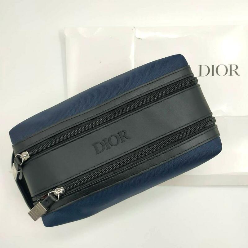 【新品未使用】DIOR ディオール セカンドバッグ メンズ ポーチ クラッチバッグ ハンドバッグ ダブルファスナー ネイビー 紺×ブラック 黒 