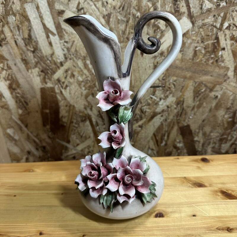 イタリア製 ITALY 花瓶 フラワーベース 花器 置物 陶器製 薔薇 インテリア オブジェ アンティーク 中古品