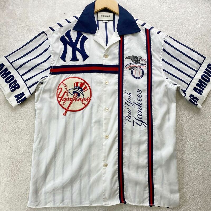 【美品・超稀品】 GUCCI × MLB グッチ メジャーリーグ コラボ ヤンキース メンズ 半袖 シャツ カットソー ワッペン 刺繍ロゴ 50 XL