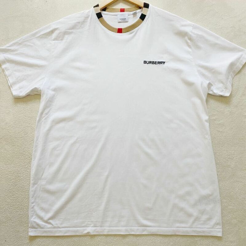 【極美品・現行タグ】 BURBERRY バーバリー メンズ 半袖 Tシャツ ネック ノバチェック ロゴ刺繍 クルーネック ホワイト XL