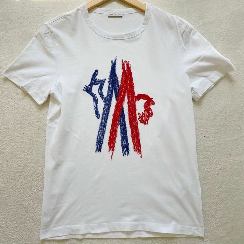 【極美品・最高峰】 MONCLER モンクレール メンズ 半袖 Tシャツ トップス マグリア トリコロール 刺繍 デザイン ビッグロゴ ホワイト S