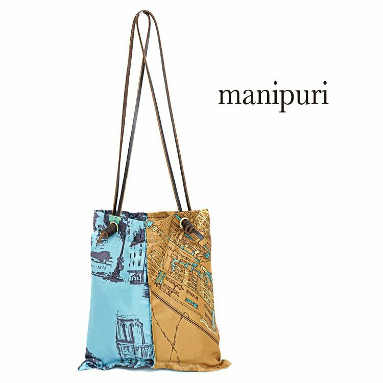 【1円/良品】マニプリ manipuri パネル切り替えプリント ミニトートバッグ ショルダーバッグ Sサイズ 布バッグ レザー ブルー系 ブラウン系