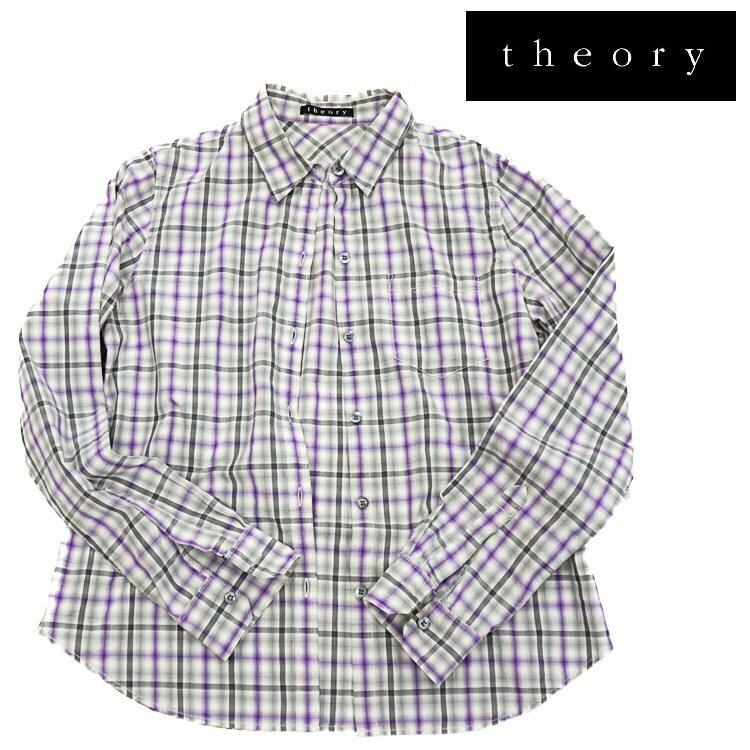 【1円/良品】セオリー theory レディース チェック 長袖シャツ M コットンシャツ オーバーチェック シャツカラー 薄手 グレー×パープル