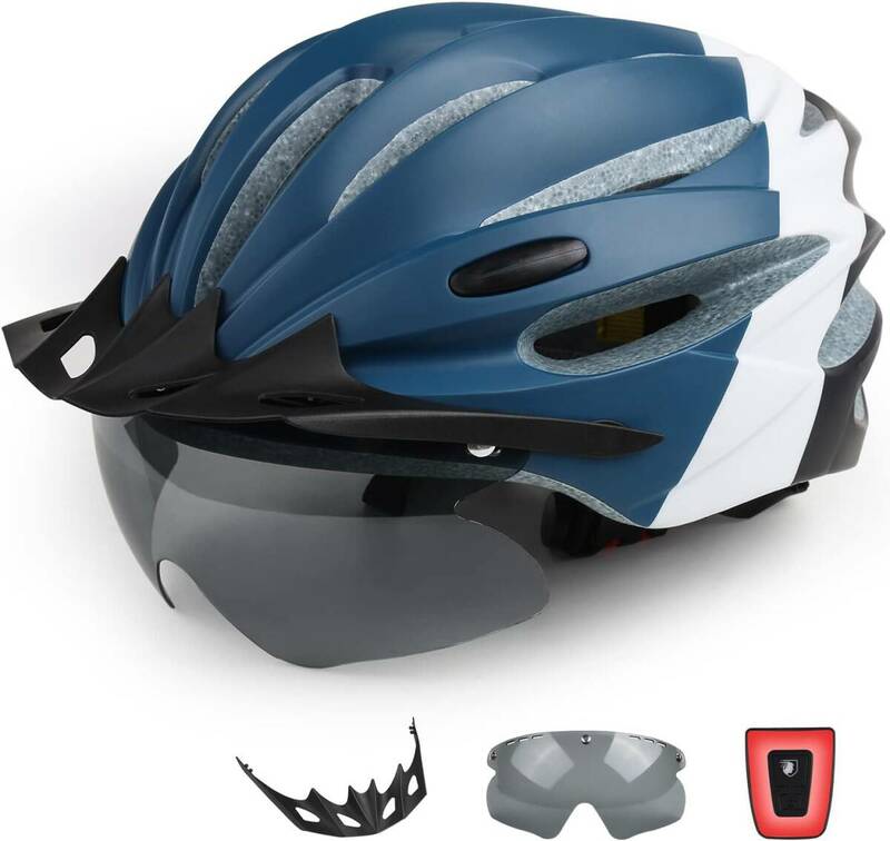 419 【ジャンク】自転車 ヘルメット CPSC/CE安全基準認証 高剛性 USB充電式 セフティーライト付 磁気ゴーグル付 バイザー付 ロードバイク