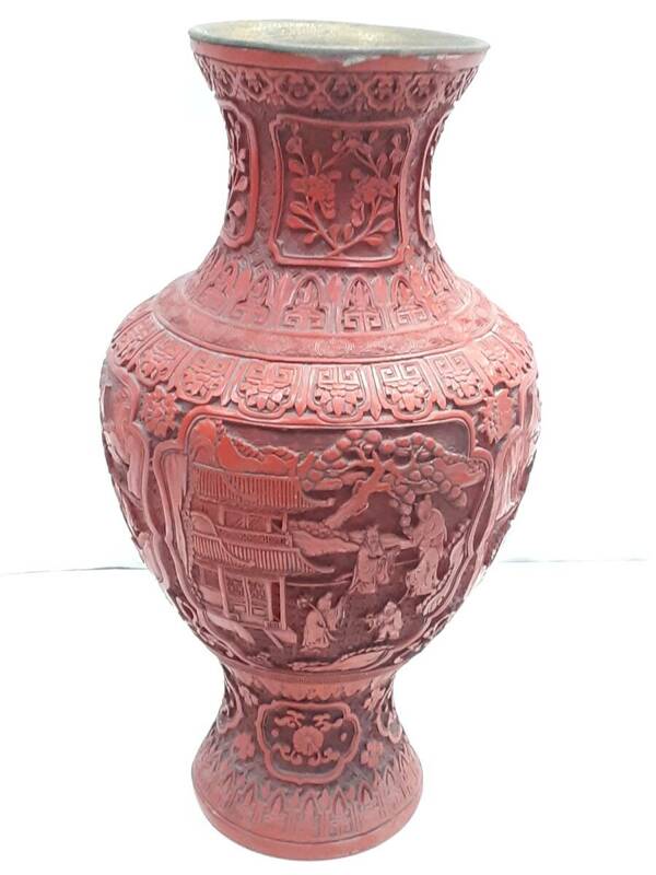§　A118412　大型堆朱壺　花器　花瓶　飾り壺　高さ約48㎝　重さ約3.7kg　細密彫刻　中国美術　中古現状