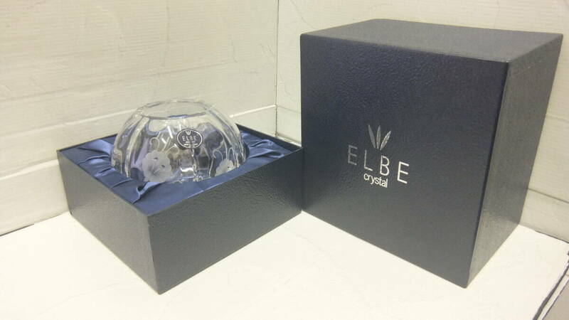 1434 美品 ELBE crystal エルベ クリスタル 彫刻入 花瓶 花生 インテリア アンティーク