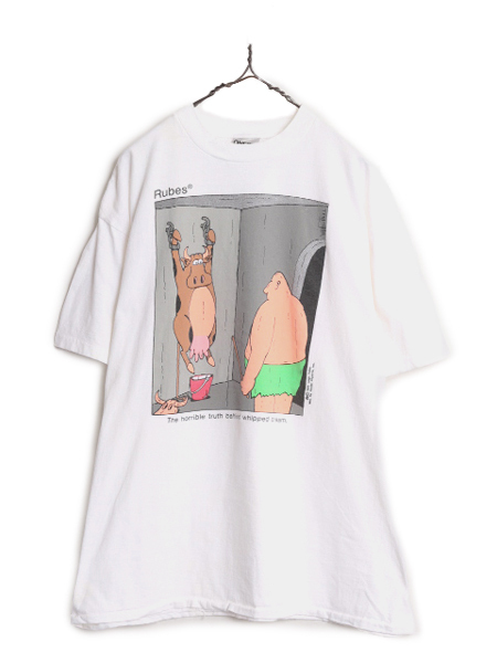 90s USA製 ジョーク アート イラスト プリント Tシャツ メンズ XL 古着 90年代 オールド キャラクター アニマル ウシ シングルステッチ 白