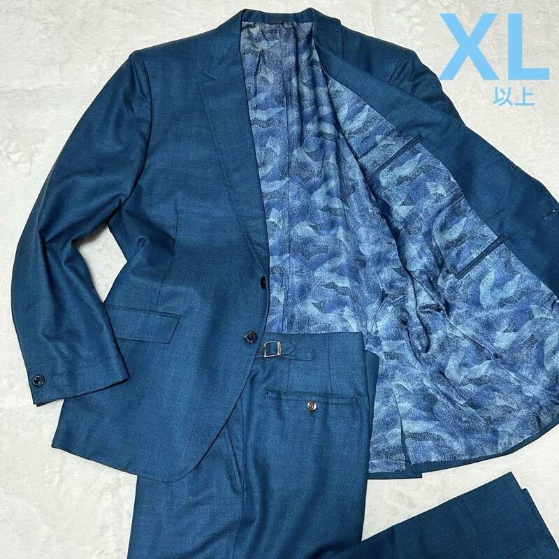 【圧倒的光沢】美品 charles lyons clothes スーツ セットアップ ブルー 高級生地 裏地派手 総裏 光沢 XL~2XL