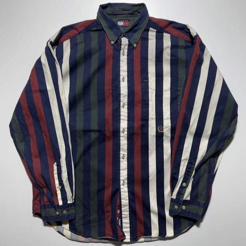 【L/G】90s TOMMY HILFIGER COTTON SHIRT 90年代 トミーヒルフィガー コットン マルチストライプ柄 長袖シャツ ボタンダウン R1995