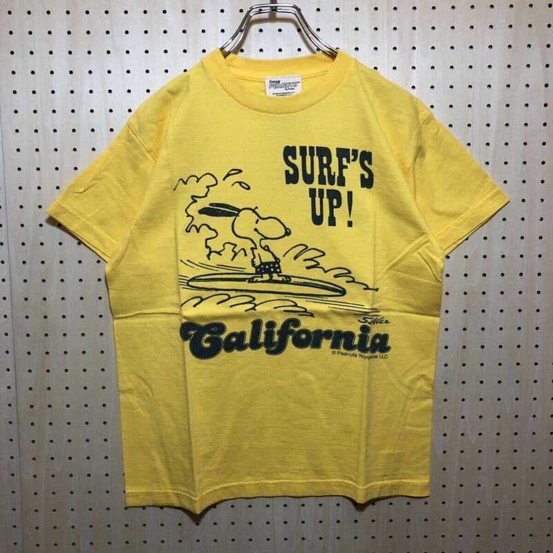 【S】新品 PEANUTS Surfs UP California Print T-Shirt Yellow ピーナッツ サーフアップ カリフォルニア プリント Tシャツ BUDDY 別注 T351