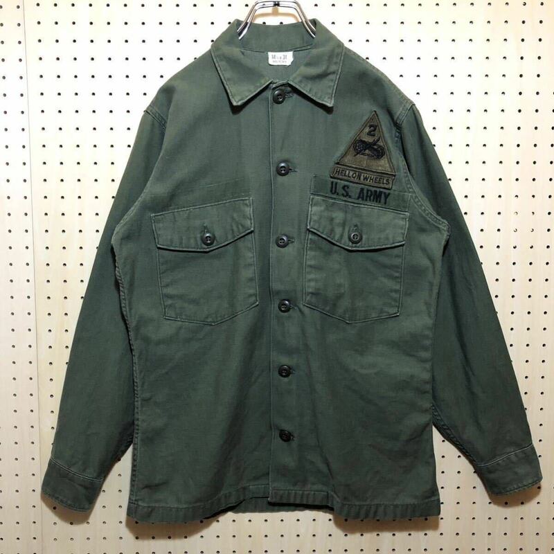 【S】60s Vintage U.S.ARMY Military Shirt Khaki 60年代 ビンテージ 米軍 ミリタリー 長袖 シャツ カーキ コットン サテン T350