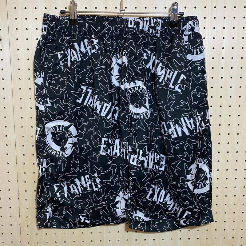 【L】EXAMPLE Mark Gonzales Half Pants Black イグザンプル マークゴンザレス ハーフ パンツ ショート ブラック 黒 総柄 T365