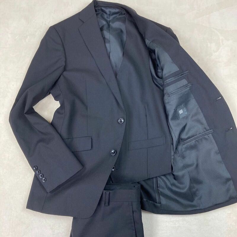 美品　スーツセレクト　3ピース　黒　千鳥格子　背抜き　2B テーラードジャケット　ベスト　セットアップ　ブラック　ビジネス　高品質