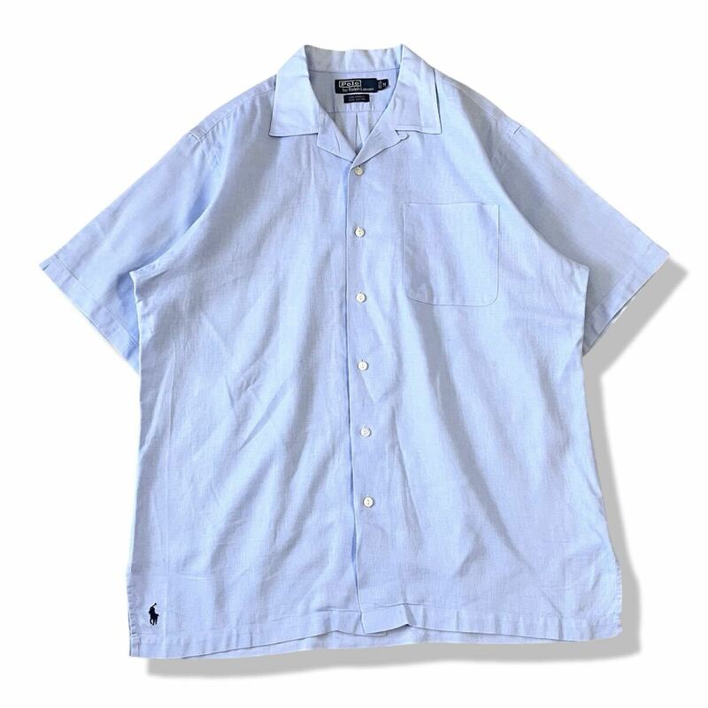 【90s】ポロラルフローレン CALDWELL(コールドウェル) リネンシルク オープンカラーシャツ M ライトブルー rrl 半袖 開襟 ビンテージシャツ