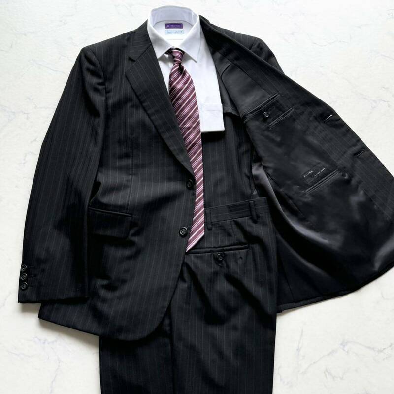 C216 モヘア 混!! ISETAN MEN'S 伊勢丹 MEASURE MAdE メジャーメイド 美品 ストライプ セットアップ スーツ モヘヤ ブラック 黒 L〜XL相当