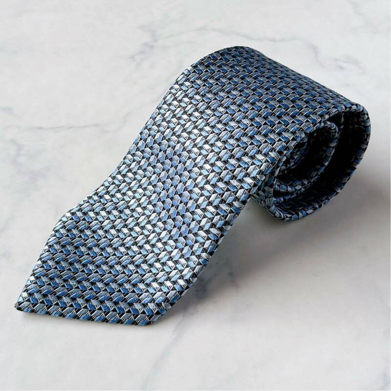 C241 美品!! Ermenegildo Zegna エルメネジルド ゼニア ブランド ネクタイ 定価55,000円 シルク 艶感 光沢 総柄 織柄 ジャガード ブルー 青