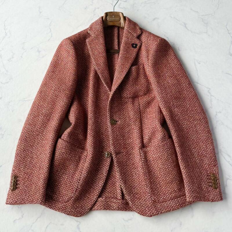 C290 美品!! LARDINI ラルディーニ イタリア製 ブートニエール ヘリンボーン テーラード ジャケット ニットジャケット レッド オレンジ 44