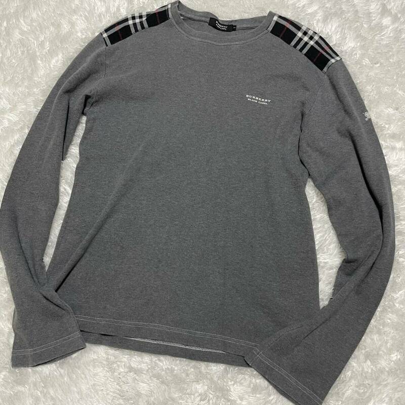 【美品】BURBERRY BLACK LABEL バーバリーブラックレーベル 長袖 カットソー Tシャツ ティーシャツ ホースロゴ ノバチェック グレー M 2