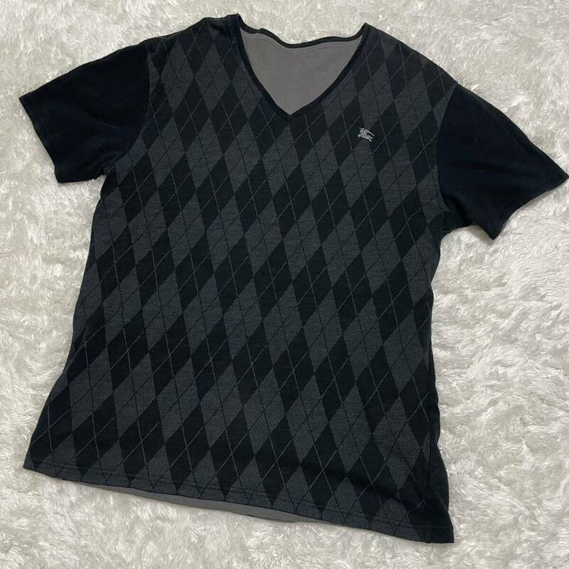 BURBERRY BLACK LABEL バーバリーブラックレーベル リバーシブル 半袖Tシャツ ティーシャツ V アーガイル ホースロゴ 3 黒 ブラック L