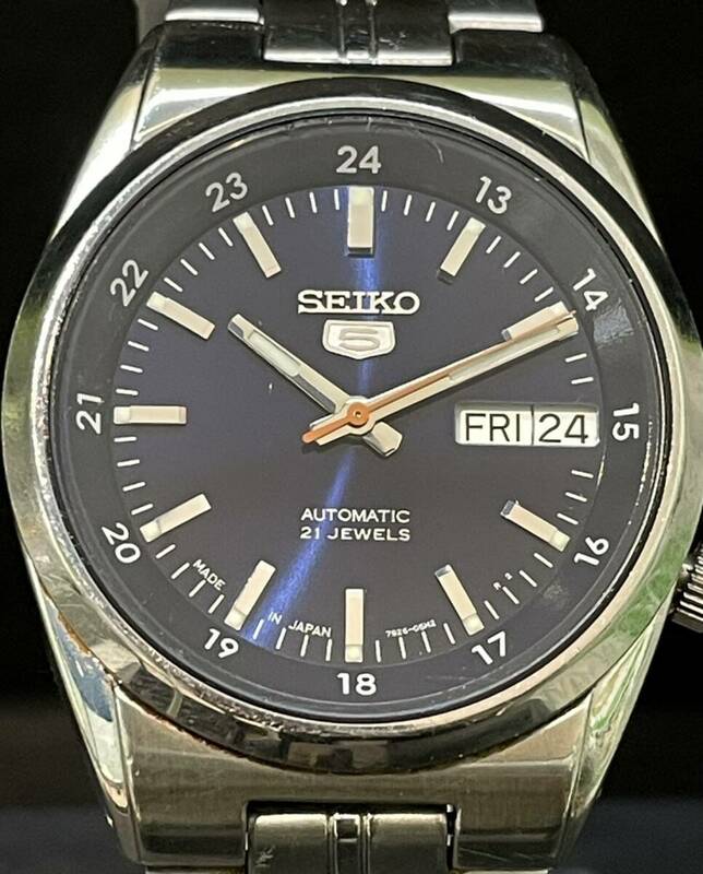 【F1236CK】SEIKO セイコー 5 デイデイト 裏スケルトン 21石 メンズ 腕時計 7S26-02C0 自動巻き 稼働 ネイビー文字盤 ベルト純正